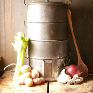 Vintage Chuckwagon Cooking Camp Set - Stacked Steamer Pots with Handles - Retro Camping Decor