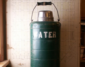 Vintage Large Insulated Military Water Jug with Spigot - Green and White Stenciled Paint in English and Spanish