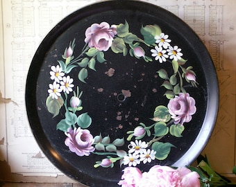 Vintage Handpainted Black Floral Lazy Susan Spinning Tray - Great Shabby Chic Buffet Serving Piece!