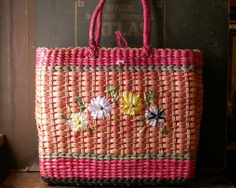 Vintage Tropical Straw Tote Bag Purse - Nordstrom August Brand Floral Basket Handbag - Great Mother's Day Gift!