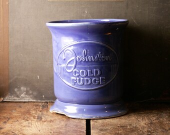 Vintage Johnston Cold Fudge Crock - Blue Ceramic Ice Cream Shop Counter Display - Retro Soda Fountain Decor