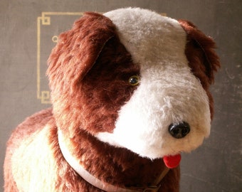 Vintage Stuffed Riding Dog Toy - Brown and White Puppy Push Toy on Wheels