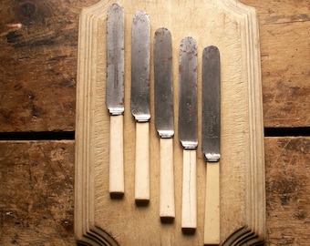 Set of 5 Antique Dinner Knives with Creamy White Celluloid Handles - Primitive Farmhouse Decor