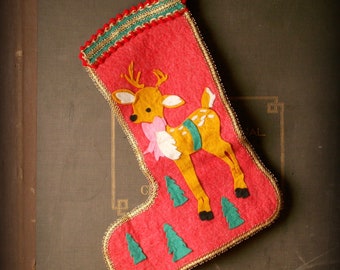 Vintage Handmade Felt Christmas Stocking - Reindeer with Gold Trim