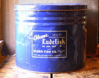 Vintage Large General Store Blue and White Ludefisk Tin - Great Kitchen Decor!