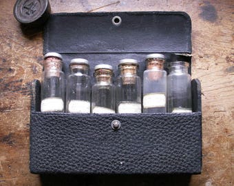 Vintage WWII Era Pocket Sized Leather Medical Kit with Cork Topped Glass Bottles