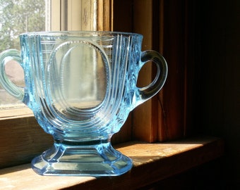 Antique Pressed Glass Turquoise Blue Sugar Bowl - Oval Medallion Pattern, circa 1891