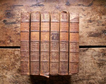 Set of 6 Antique Embossed Leather Books - Rollin's Ancient History in Six Volumes - Complete Set Published in 1834