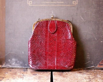 Vintage Dark Red Snakeskin (?) Purse - Dramatic Leather Handbag - The Perfect Valentine's Gift