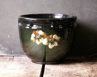 Vintage Roseville Jardiniere Planter - Brown with White Flowers - Stamped '222' on bottom