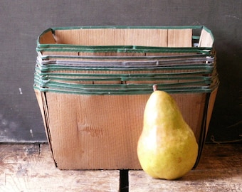 Vintage Large Square Wood Strawberry Baskets with Green Metal Rims - Farmer's Market Fruit Baskets - Multiples Available