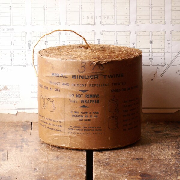 Vintage Large Spool of Waxed Sisal Binder Twine - Industrial, Rustic Barnyard Decor