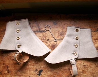 Vintage Gray Wool Mens Spats or Shoe Cuffs with Leather Edging in Original Box with Button Hook