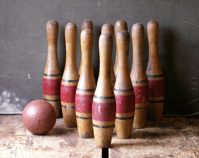 Vintage Small Wood Bowling Pin Set With Rubber Ball Great Etsy