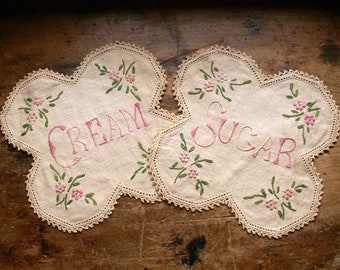 Pair of Vintage Embroidered Doilies with Crocheted Trim - Cream and Sugar Motif with Pink Floral Design