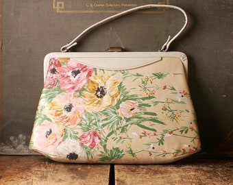 Vintage White Floral Silk and Leather Purse - Great Summer Wedding Handbag!