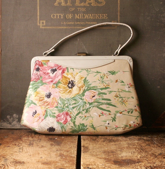 Vintage White Floral Silk and Leather Purse - Gre… - image 1