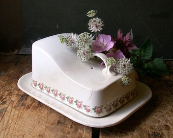 Antique Covered Cheese Dish with Pink Rose Pattern