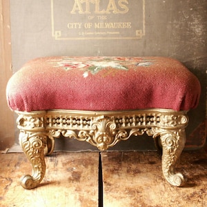 Antique Cast Iron Foot Stool with Red Floral Needlepoint Cushion - Elegant Library Decor