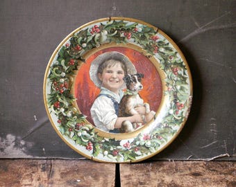 Rare Vintage C.D. Kenny Co. Tin Litho Christmas Plate featuring Boy and Dog