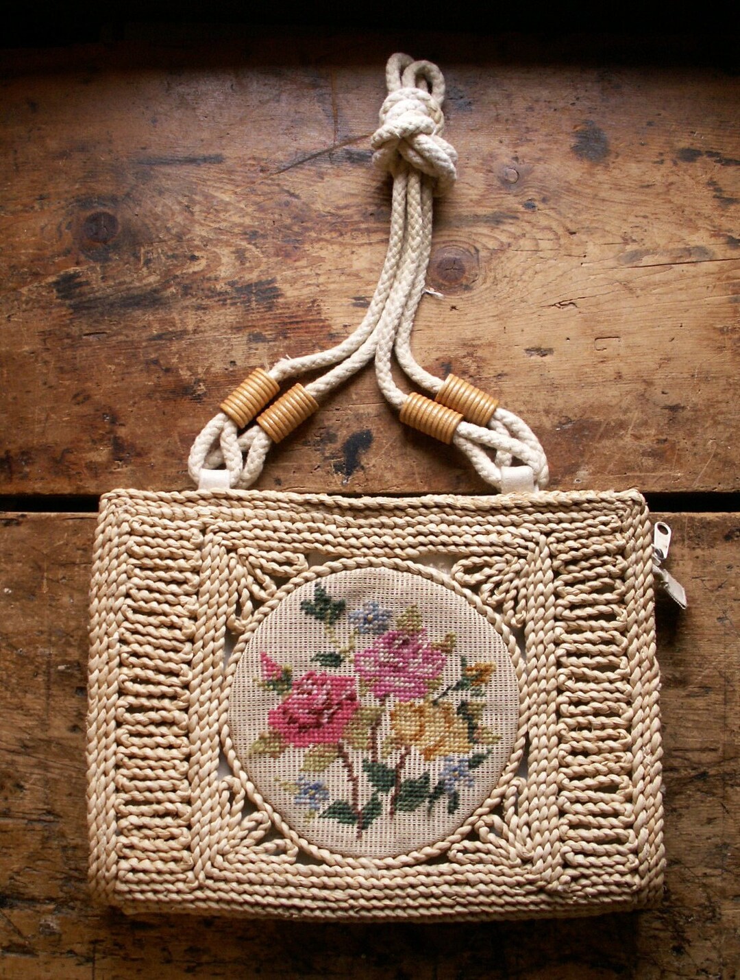 Vintage Straw Purse With Floral Needlepoint Inserts Bohemian Etsy