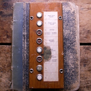 May include: An old elevator control panel with a wooden fascia and nine numbered buttons. The panel is attached to a distressed book cover. Text labels show floor numbers and names. The buttons alternate between white and red.