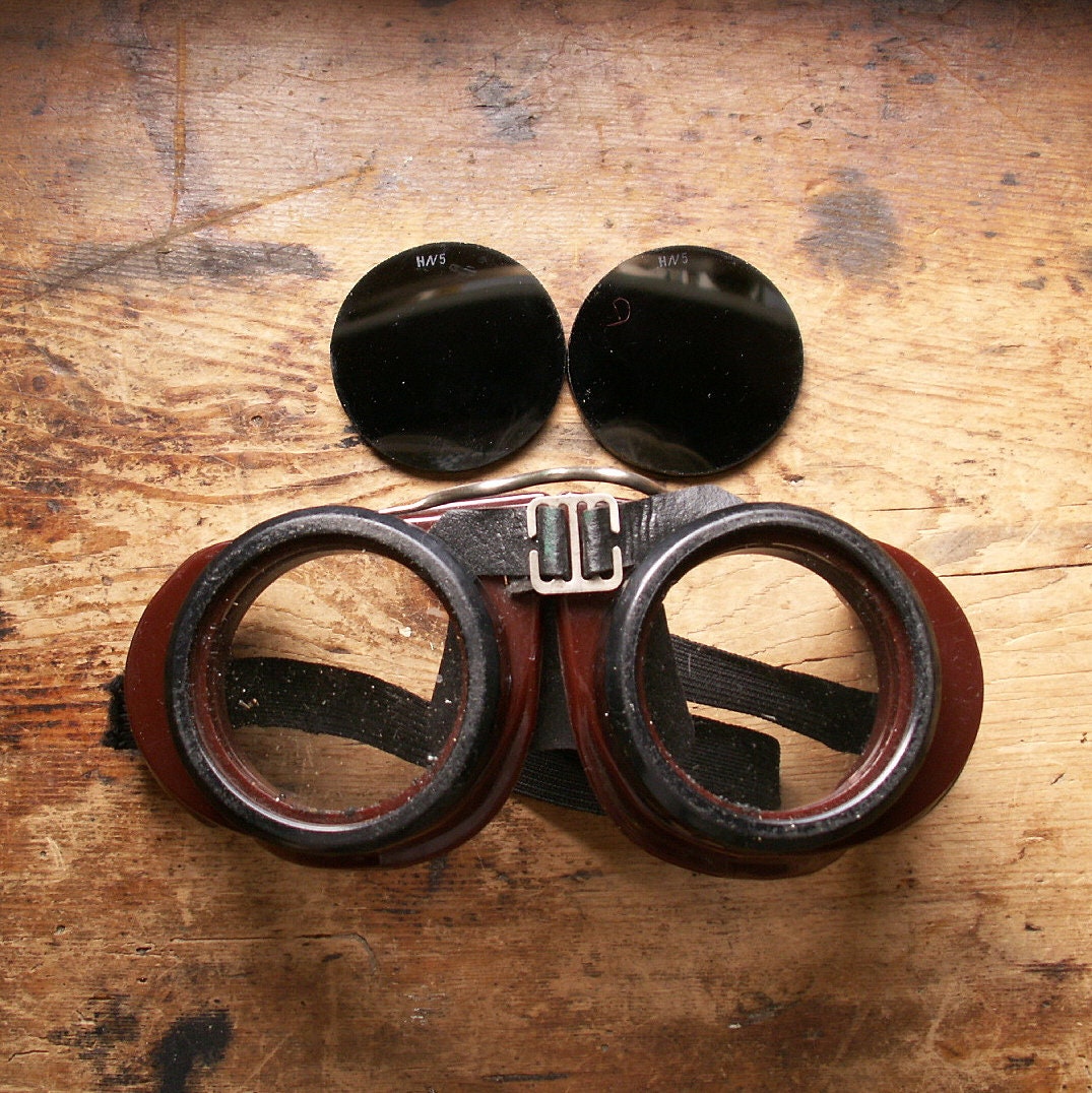 Black Steampunk Goggles With Red Lenses and Magnifying Loupes