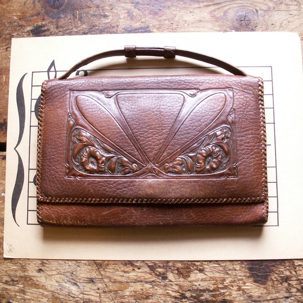 vintage 'Meeker Made' Art Nouveau Tooled Leather Purse - Pochette en cuir brun