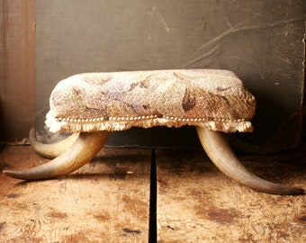 Vintage Hand Made Bark Cloth Foot Stool with Real Horn Legs - Funky Boho Chic Decor!