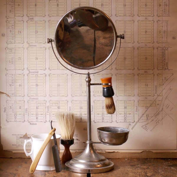 Vintage German Shaving Stand with Round Mirror, Metal Cup and Shaving Brush - Great Father's Day Gift!