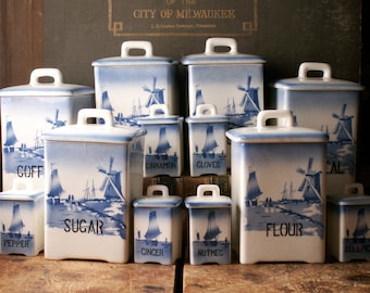 Vintage Czechoslovakian Ceramic Kitchen Canister and Spice Jar Set - Blue and White Sailboats by Ditmar Urbach