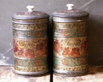 Vintage Floral Painted Kitchen Tins with Porcelain Handles - Sugar and Coffee Storage Canisters
