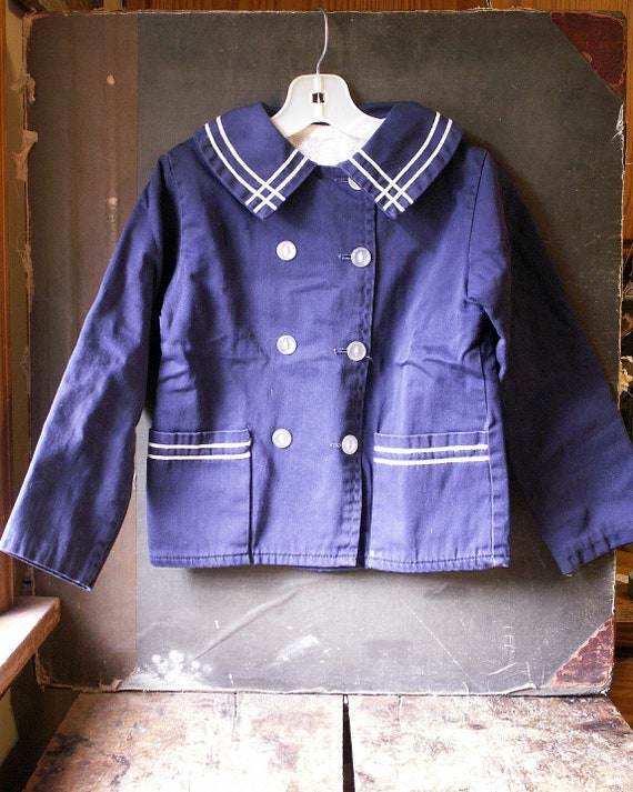 Vintage Kids Navy Blue Sailor Jacket with White Tr