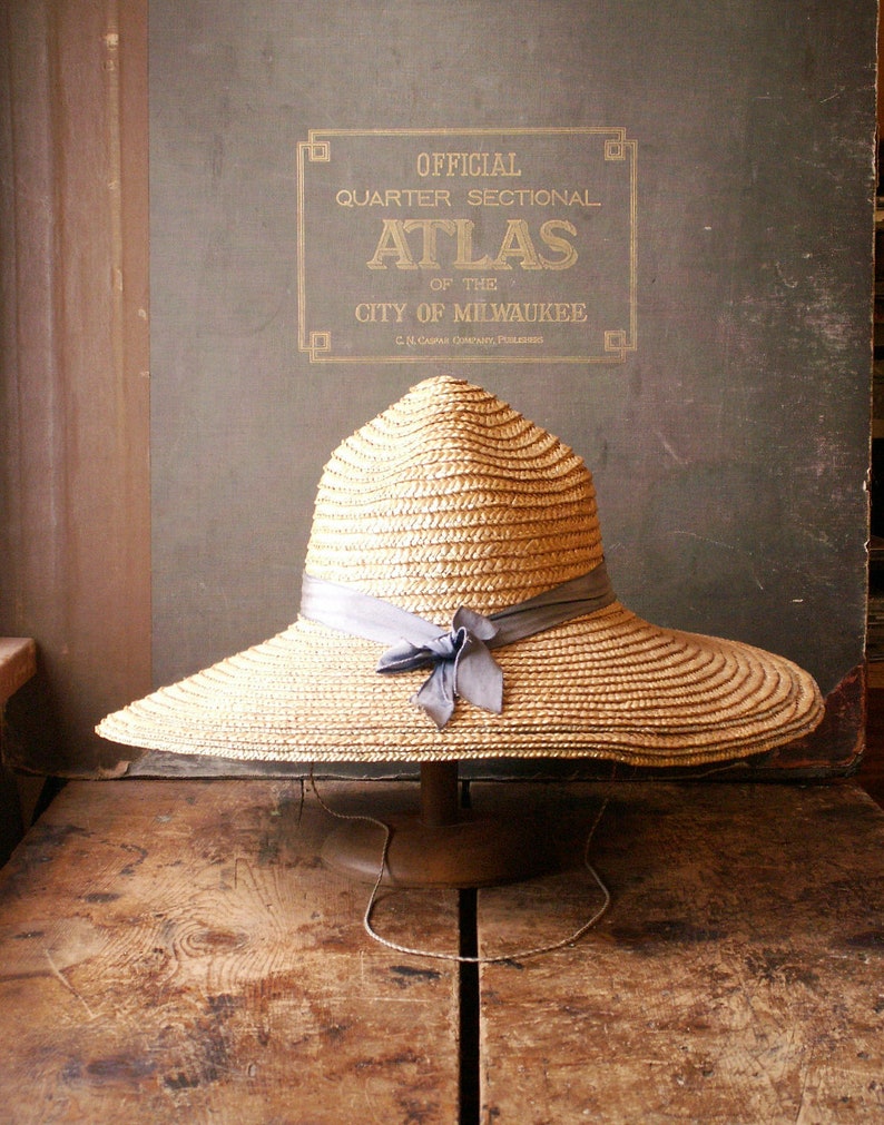 Great Garen Shed Wall Decor! Woven Hat Vintage Floppy Garden Hat with Blue Grosgrain Ribbon
