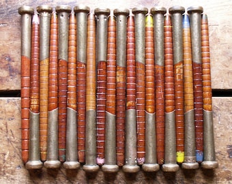 Vintage Sets of Five Wood Textile Spools with Brass Ends - Multiple Sets Available