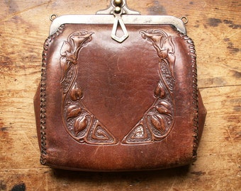 Vintage Arts & Crafts Style Nokona Leather Bag - Embossed Brown Leather Purse with Floral and Vine Art Nouveau Motif