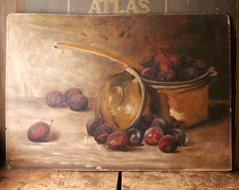 Original Antique Oil Painting on Board - Autumn Plums in a Copper Pot - Signed Amateur Kitchen Art