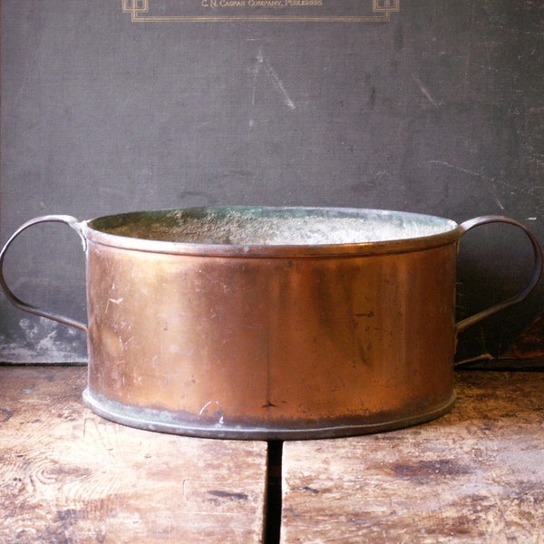 vintage Round Copper Pot with Handles - Rustic Centerpiece Planter - Perfect Beverage Cooler!