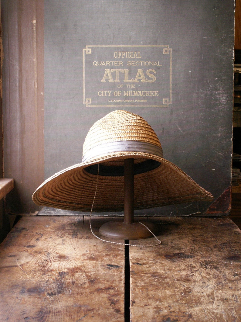 Great Garen Shed Wall Decor! Woven Hat Vintage Floppy Garden Hat with Blue Grosgrain Ribbon