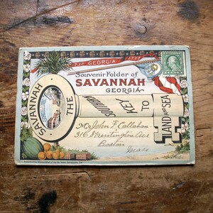 Vintage souvenir plegable postal de viaje libro de fotos - Savannah, Georgia - La llave sur de la tierra y el mar
