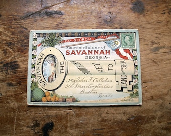 Vintage Souvenir Fold Out Travel Postcard Photo Book - Savannah, Georgia - The Southern Key to Land and Sea