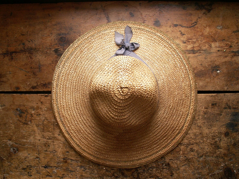 Great Garen Shed Wall Decor! Woven Hat Vintage Floppy Garden Hat with Blue Grosgrain Ribbon