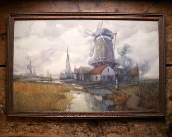 Vintage Framed Dutch Windmill Scene Art Print - Francis William Van Vreeland