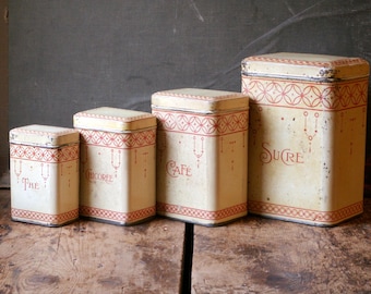 Set of Four Vintage French Kitchen Canisters - Rustic European Kitchen Storage