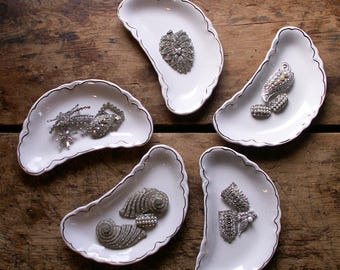 Set of Five Antique Curved Bone Dishes with Gilded Edges