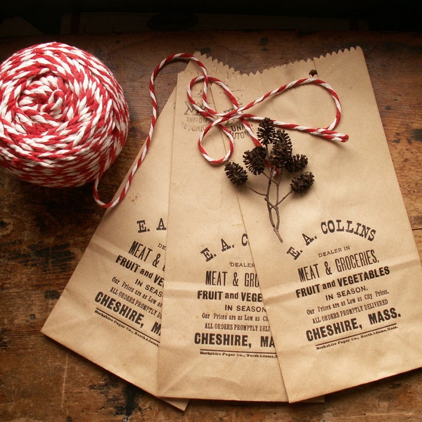 Vintage Grocery Store Paper Bags from E.A. Collins Meat & Grocery, Cheshire, Massachusetts - Great Holiday Gift Bags! Multiples Available