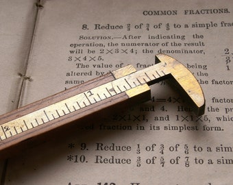 Rare Vintage Stanley No. 32 Boxwood and Brass-Edged Folding Ruler with Sliding Brass Caliper Extension - Great Guy Gift!