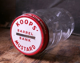 Vintage Koops' Mustard Coin Bank 'Barrel Bank' - Glass Jar with Coin Slot Lid - Great Retro Kitchen Decor