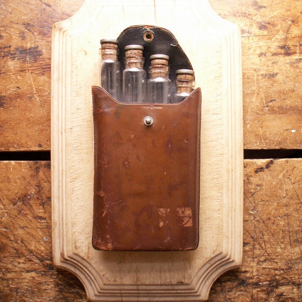 Vintage Leather Carrying Case with Four Long Glass Test Tubes