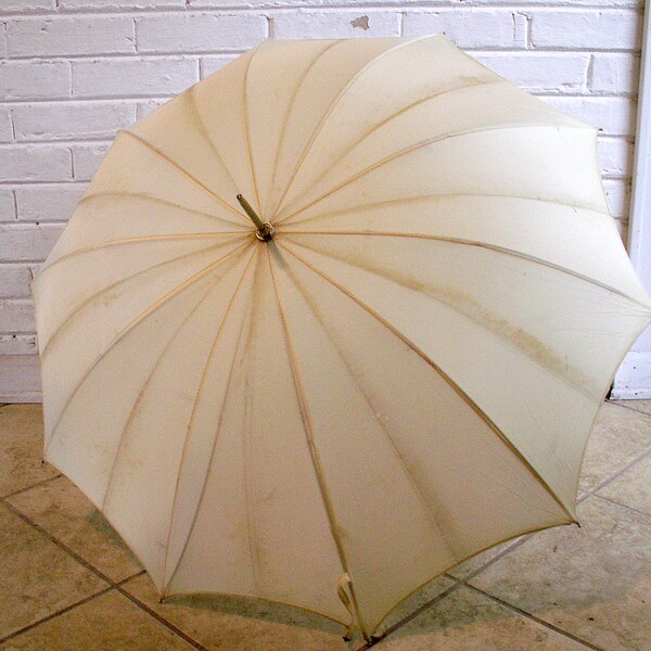 Vintage Off White 'Miss Georg' Umbrella with Bamboo Handle